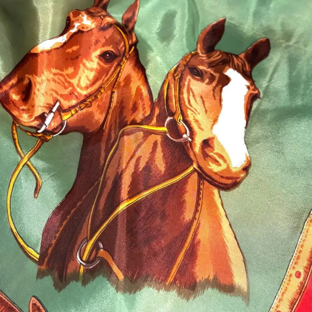 Vintage silky acetate scarf horses equestrian large square faded red green brown